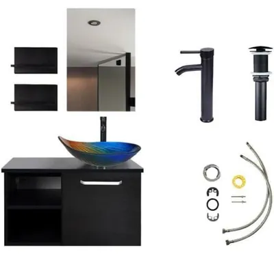 Image de Ensemble de meubles de salle de bain comprenant un meuble sous-vasque, un miroir mural et un vasque, disponible en plusieurs couleurs, dimensions : 71 x 47 x 40 cm