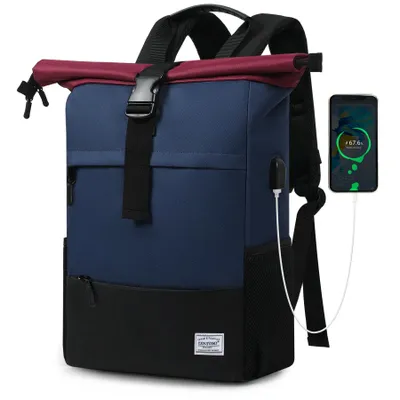 Produktbild von Cityrucksack Freizeitrucksack Groß Damen lässiger Rolltop Rucksack Herren Backpack, Arbeitsrucksack viele Fächer mit 15,6" Laptopfach/USB