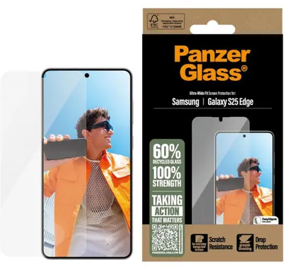 Obrázek produktu pro PanzerGlass ® Screen Protector Samsung S25 Edge | Ultra-Wide Fit, Samsung, Samsung - Galaxy S25 Edge 5G, Aplikace nasucho, Odolné proti poškrábání, Odolný proti nárazům, Průhledná, 1 kusů
