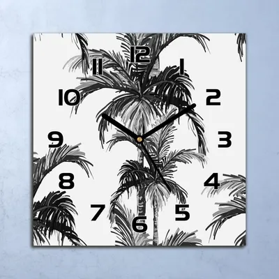 Produktbild von Wanduhr Echt-Glas-Küchenuhr Graue Palmen Quarz Lautlos 30x30 Deko Bilder