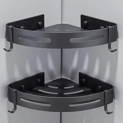 Zdjęcie produktu dla 2szt Półka prysznicowa bez wiercenia Półka narożna Półka prysznicowa z 2 haczykami Aluminiowy kosz prysznicowy odporny na rdzę Wodoodporny Łazienka Kuchnia Toaleta, czarny