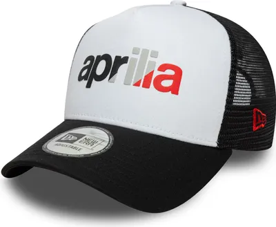 Produktbild von Aprilia Racing Trucker Cap 9FORTY New Era, Offizieller Fanartikel, Weiß/Schwarze Kappe mit Aprilia Logo, Mesh-Belüftung und Snapback, Baumwolle