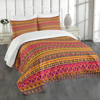 Produktbild von ABAKUHAUS Stammes Tagesdecke Set, Vektor-ethnischer Art-Stammes- gebürtiger Amerikaner spornte Bild mit geometrischen Grenzen an, 220 x 220 cm, Mehrfarbig