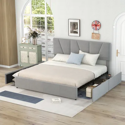Produktbild von Fortuna Lai Polsterbett 140x200cm mit höhenverstellbarem Kopfteil und 4 Schubladen, Doppelbett mit Lattenrost, Funktionsbett Jugendbett aus Samtbezug, Grau