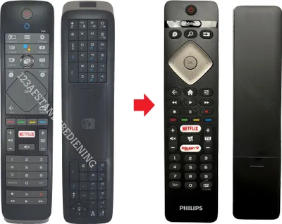 Comparison of two remote controls, showing an older model on the left and a newer model on the right, with a red arrow indicating the transition.