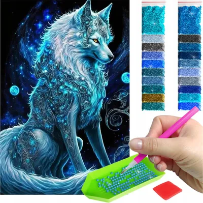 Produktbild von ARTULIO - Diamond Painting Set - Mystischer Wolf in Blau - 60 × 40 cm - Groß XXL - Bilder DIY, Crystal Art, Komplettset Mosaik + Zubehör
