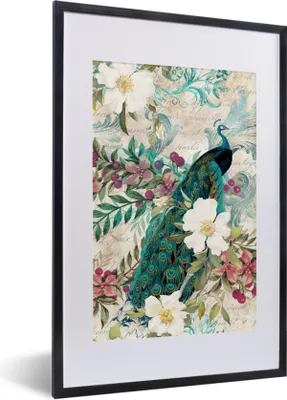 Produktbild von MuchoWow® Gerahmtes Poster Kunst - Pfau - Blumen 40x60 cm - Poster mit Schwarzem Bilderrahmen Wandposter Rahmen Foto Bilder - Poster in Rahmen