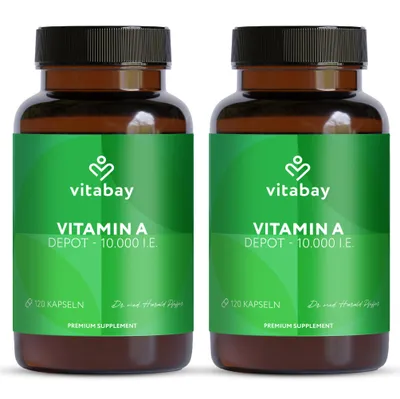 Produktbild von Vitabay Vitamin A Hochdosiert Kapseln VEGAN - 120 Vitamin A Retinol Kapseln 10000 IE - Vitamine A für Augen, Haut & Immunsystem - Retinol Vitamin A Tabletten - Vit A Vitamin A Vegan & Labor – 2er-Set