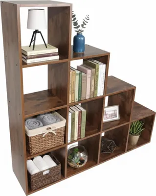 Produktbild von Relaxdays Stufenregal, 10 Fächer, HBT: 129,5 x 129,5 x 29 cm, offenes Würfelregal, Bücher & Deko, Wohnzimmerregal, braun