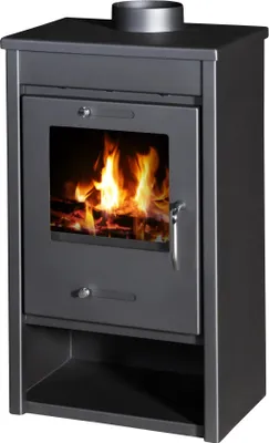 A dark gray wood-burning stove with a glass door showing a fire inside.