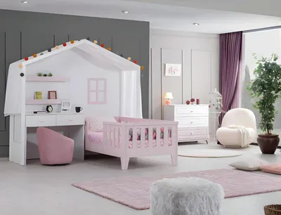 Produktbild von Komplette Kinderzimmer Garnitur Designer Kinderbett mit SchreibtischWeiß Kommode
