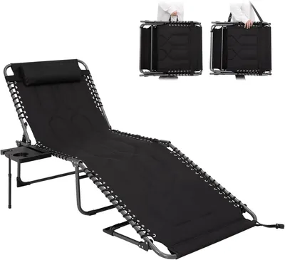 Productafbeelding van Verstelbare Ligstoel - Zonnebed met Kussen en Zijtafel - Inklapbaar - 200x68 cm - Zwart
