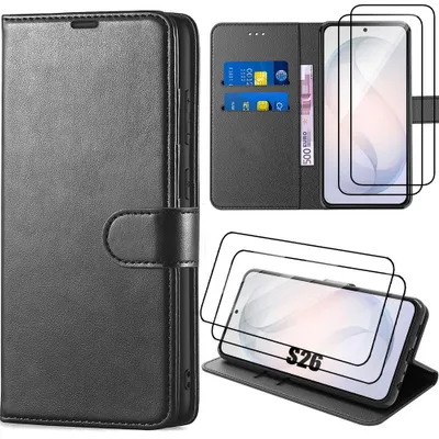 Image de Coque + 2 Verres Trempés pour Samsung Galaxy S26, Protection Intégrale Anti-Rayures Antichoc Synthécuir Luxe Noir