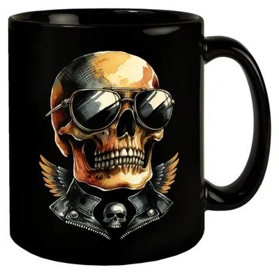 Totenkopf-Tasse mit Sonnenbrille, schwarz, 300 ml, Keramik