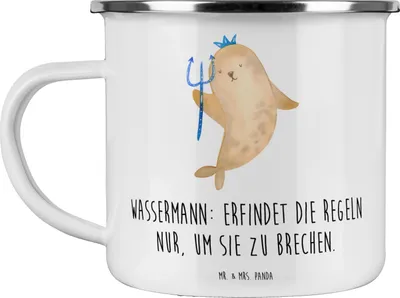 Produktbild von Mr. & Mrs. Panda Teebecher Wassermann Freigeist - Weiß - Geschenk, Regelbruch, Emaille Tasse, Kaffeepott, becher, Rebellion, kreativ, Unabhängigkeit, Tierkreiszeichen