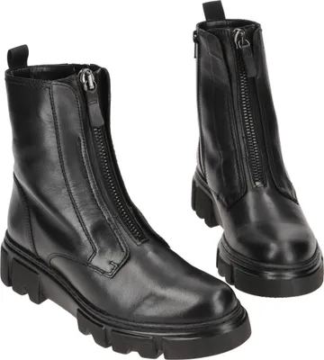 A pair of black leather ankle boots with zippers on the front and thick soles, presented against a white background.