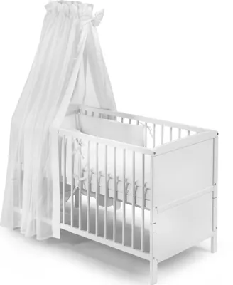 Produktbild von KOKO -Kinderbett |"NELE" | Komplettbett | weiss | umbaubar zum Juniorbett | Designwahl (Design: Satinbaumwolle weiss mit Chiffonhimmel)