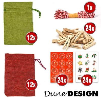 Image de Calendrier de l'Avent 24 sachets en lin 13 x 9 cm rouge vert