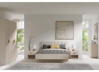 Image de Chambre complète AMALIE beige – Lit 160x200 cm avec sommier, armoire, commode et 2 chevets