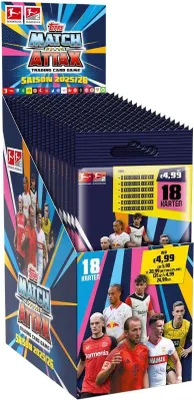 A display box of Topps Match Attax Bundesliga 2025/26 trading card game packs, featuring images of football players and promotional text.