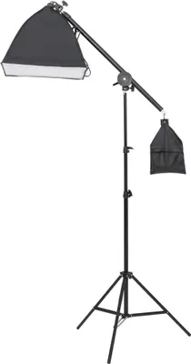 A studio shot of a photography lighting stand with a softbox attached.
