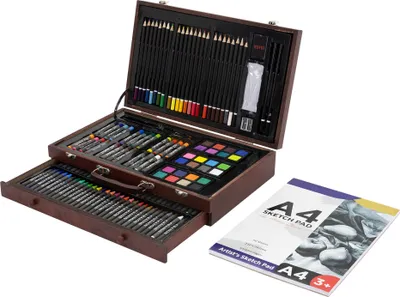 Produktbild von ECD Germany Malset mit Holzkoffer, 141-Teilig, 37x24,5x9 cm, Braun, Kunst- und Zeichenset für  Kinder & Erwachsene, Malkasten mit Buntstiften, Ölpastellkreiden, Buntstiften, Skizzenstiften, Aquarellkuchen & Zubehör