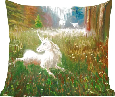 Produktbild von MuchoWow® Zierkissen Sofakissen Wohnzimmer Dekokissen 45x45 cm Eine Illustration eines Einhorns in einem Wald - Mädchen - Kinder - Kinder - Schlafpolster - Polster für das Sofa