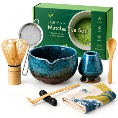 Matcha-Teezeremonie-Set, 8-teilig, Keramik, blau, mit Bambusbesen