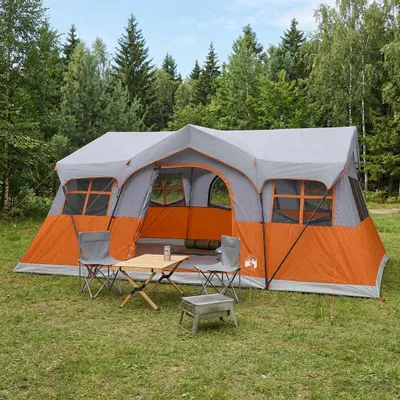 Produktbild von Familienzelt mit Dach Grau und Orange 487 x 340 x 216 cm - Campingzelte c2601