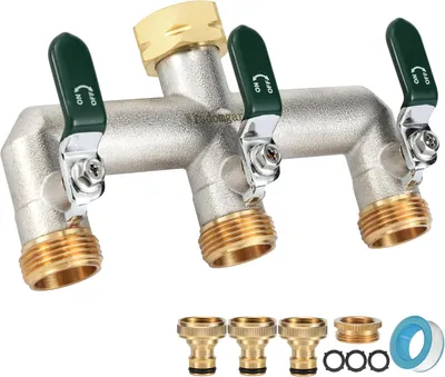 Produktbild von Wasserverteiler, 3-Wege, Wasserverteiler, Messing, vernickelt, für Gartenschlauchanschluss mit grünem Griff, 3/4 Zoll