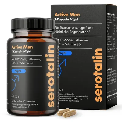 Produktbild von serotalin Active Men T-Kapseln Night | 500 mg Ashwagandha KSM-66 (5% Withanolide) | Magnesium, Zink, L-Theanin & OPC |   Germany | 60 St