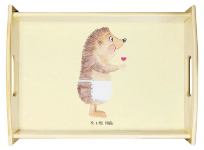 Produktbild von Mr. & Mrs. Panda Servier Tablett Igel Wein - Gelb Pastell - Geschenk, Snack, Dekotablett, Deko, Holztablett, Serviertablett, Weinglas, Lustige Sprüche, Weinliebhaber