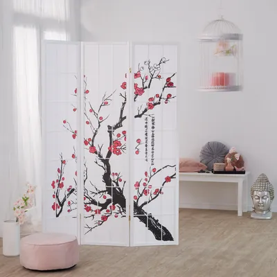 Obrázok produktu pre Homestyle4u Paraván na rozdelenie miestnosti 3-dielny drevený ryžový papier biely čerešňový vzor výška 179 cm