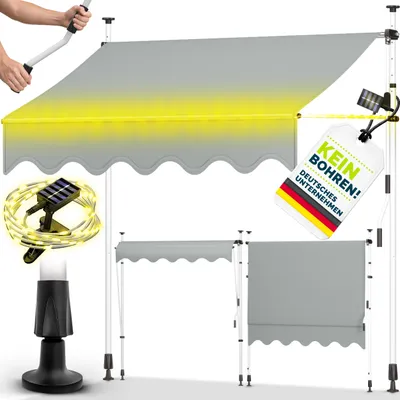 Immagine prodotto di tillvex tenda a morsetto 300 cm grigio chiaro con LED solare con manovella balcone | tenda da balcone senza foratura | tenda resistente ai raggi UV e regolabile in altezza | protezione solare impermeabile