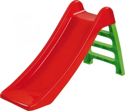 A red and green children's slide against a white background.