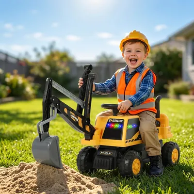 Produktbild von Sitzbagger Kinder Aufsitzbagger mit Schaufel, Lenkrad drehbar, Bagger Spielzeug, Gelb | 113x36x57 cm | 30° drehbar | 1,5–3 Jahre
