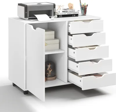 A white rolling storage cabinet with drawers and a door, shown from a slightly angled front view.