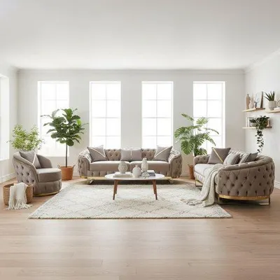 A living room scene with a sofa set, chairs, and plants.
