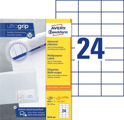 Immagine prodotto di Avery Zweckform Universal - Etichette - bianco - 37 x 70 mm - 4800 etichette (200 fogli x 24) (3474-200)