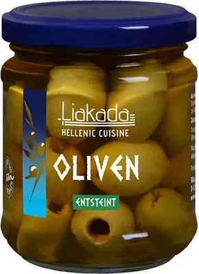 Produktbild von Liakada Grüne Oliven Sorte Chalkidiki entsteint 90 G Glas  Vegan Glutenfrei  Fruchtig, leicht bitter, würzige Note