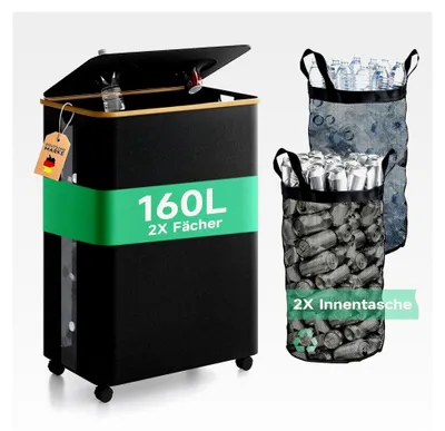 Produktbild von 160L Pfandflaschen Sammelbehälter mit 2 Fächern und Deckel, großer Behälter für Pfandflaschen mit Rädern, Flip-Top Flaschensammler für Leergut für Küche und Abstellraum (Schwarz)