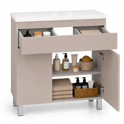 Produktbild von Waschbeckenunterschrank 80 cm mit Aufsatzplatte, Schublade, Kaschmir matt / Stehend oder Hängend, Soft-Close, Vollauszug, 2 Türen, verstellbare Ablage, KI-generiertes Bild
