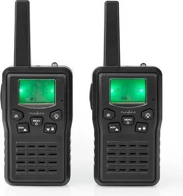 Two black Nedis walkie-talkies are shown side-by-side against a white background.