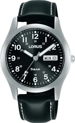 A close-up studio shot of a men's wristwatch with a black dial and black leather strap.