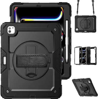 Productafbeelding van Accezz Rugged Backcover met schouderstrap voor de Apple iPad Pro 13 (2025) M5 / (2024) M4 - Zwart