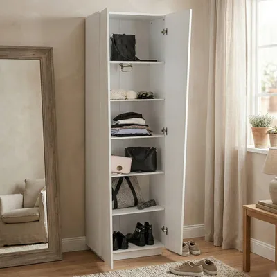 Produktbild von Mehrzweckschrank Dheft, Schuhregal mit 2 Türen und 5 Einlegeböden, Multifunktionsschrank, 100 % Italy, cm 60x38h200, glänzend weiß