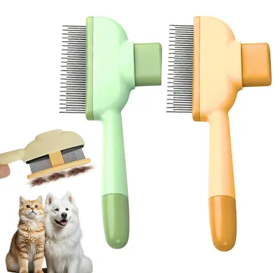 Obrázek produktu pro Kartáč na čištění srsti pro kočky a psy, samoočistící, podsadový kartáč, zelená/žlutá, sada 2 kusů
