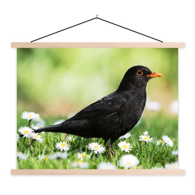 Produktbild von MuchoWow® Textilposter Vogel - Amsel - Blumen 120x90 cm mit holzfarbenen Rahmen - Magnetisch