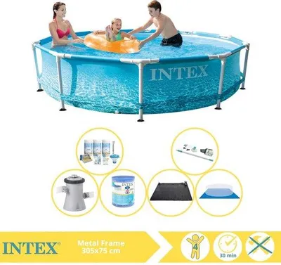 Produktbild von Metallenes Schwimmbecken - Aufbauschwimmbecken - 305x76 cm - inkl. Pflegepaket, Schwimmbeckenpumpe, Filter, Bodenabdeckung, Staubsauger und Solarmat
