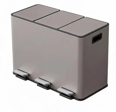 Image de Système de tri des déchets pour la cuisine - Pédale de tri 3 x 15 litres - Poubelle pour le tri des déchets - 3 compartiments - Pédales de couleur - Acier inoxydable - Gris clair